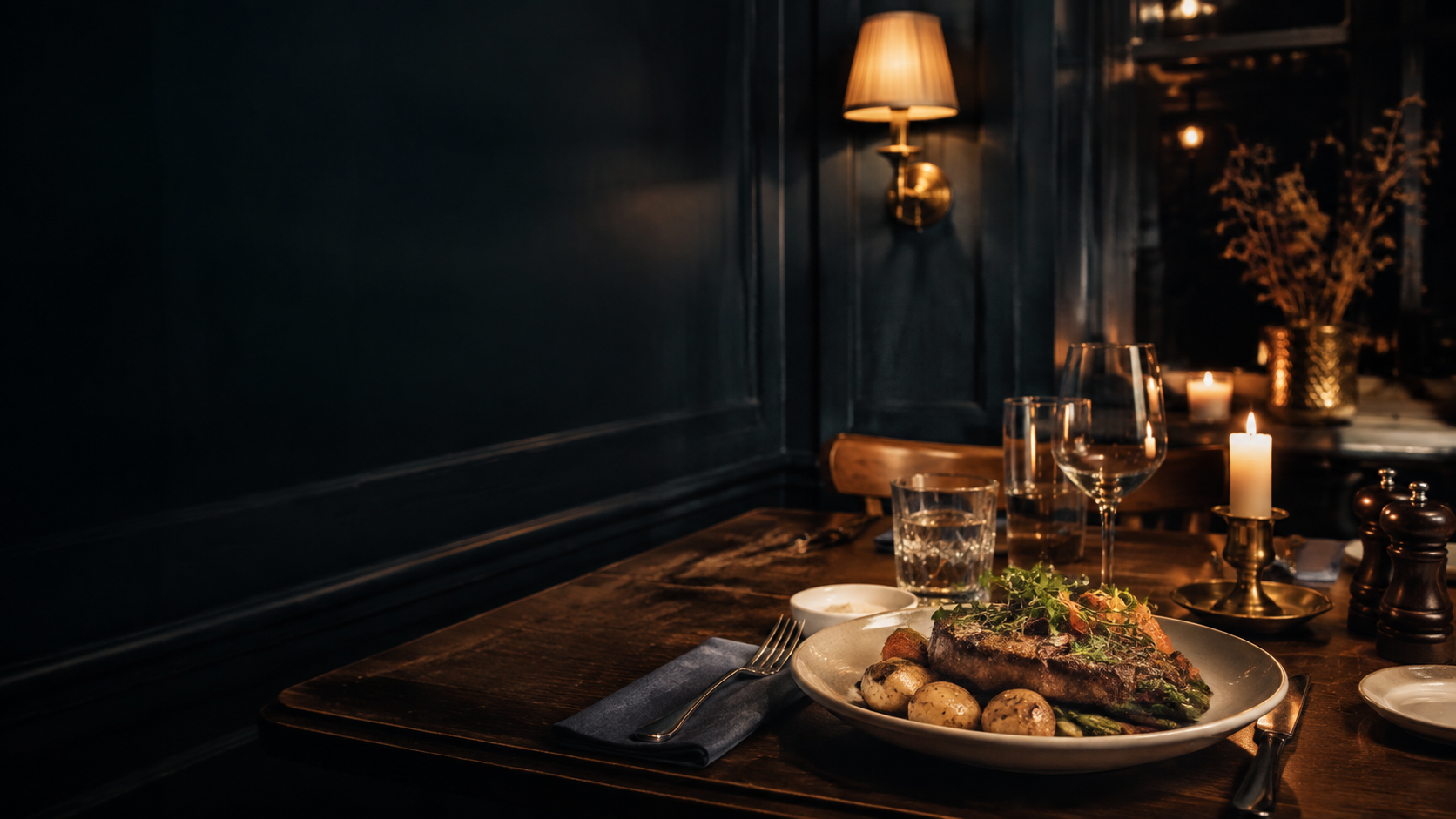 Et dækket bord med steakmiddag i en stemningsfuld restaurant